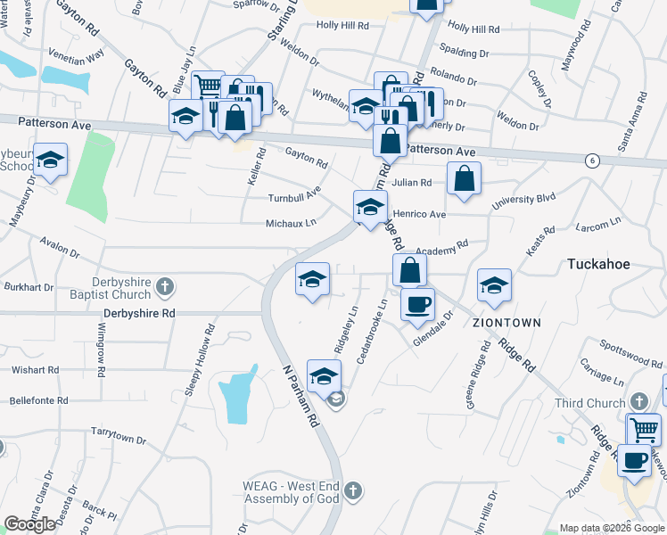 map of restaurants, bars, coffee shops, grocery stores, and more near 8626 Oakcroft Drive in Richmond
