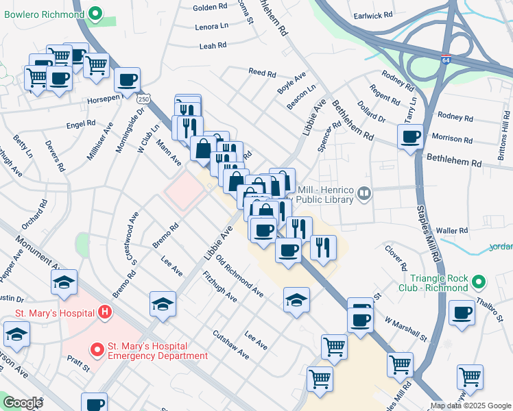 map of restaurants, bars, coffee shops, grocery stores, and more near 5710 U.S. 250 in Richmond