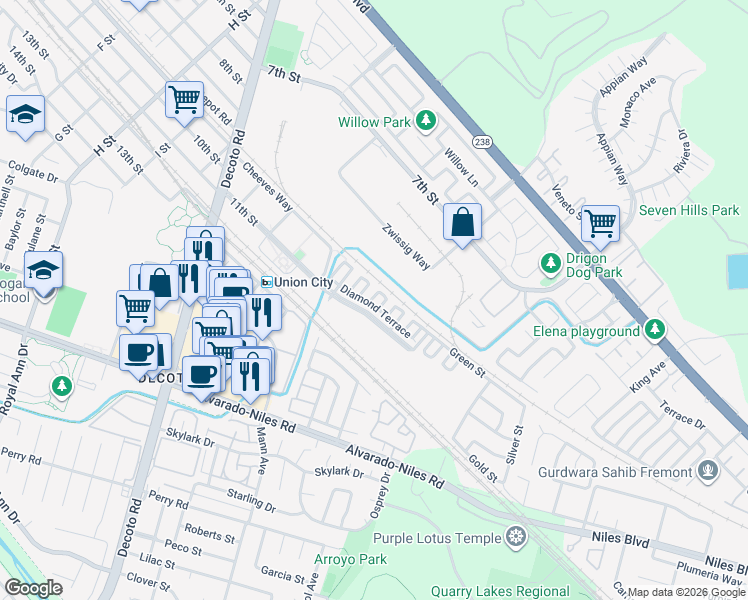 map of restaurants, bars, coffee shops, grocery stores, and more near 35089 Diamond Terrace in Union City