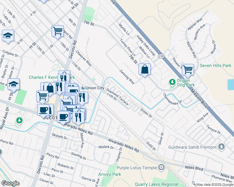 map of restaurants, bars, coffee shops, grocery stores, and more near 35005 11th Street in Union City