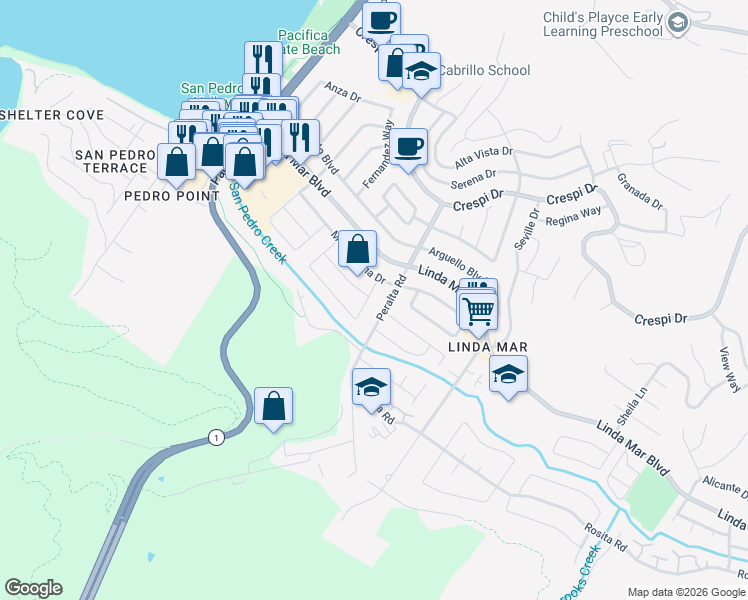 map of restaurants, bars, coffee shops, grocery stores, and more near 1560 Flores Drive in Pacifica