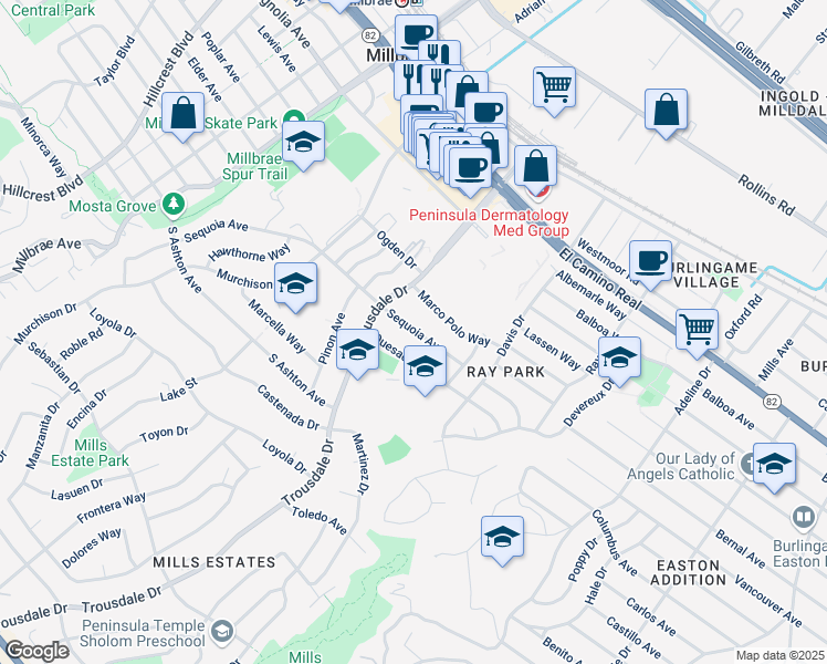 map of restaurants, bars, coffee shops, grocery stores, and more near 1745 Sequoia Avenue in Burlingame