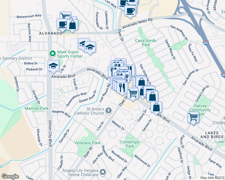 map of restaurants, bars, coffee shops, grocery stores, and more near 31755 Alvarado Boulevard in Union City