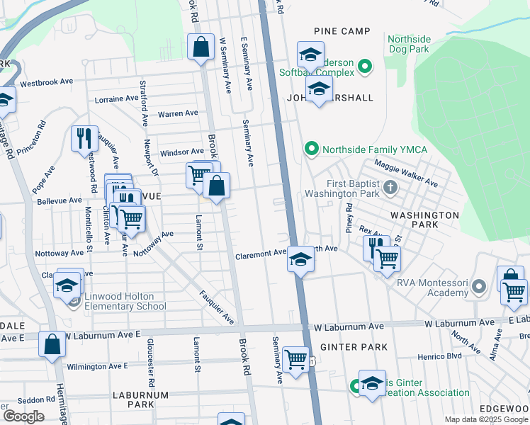 map of restaurants, bars, coffee shops, grocery stores, and more near 3913 Seminary Avenue in Richmond