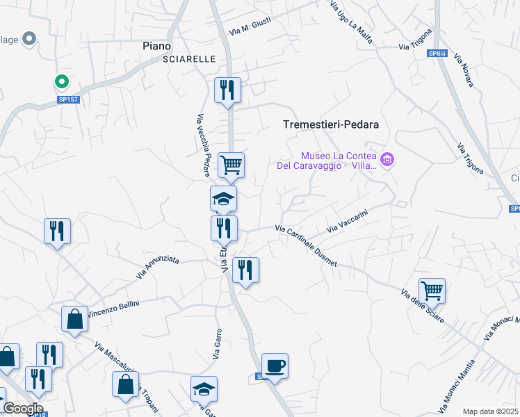 map of restaurants, bars, coffee shops, grocery stores, and more near 19 Via Piave in Tremestieri Etneo