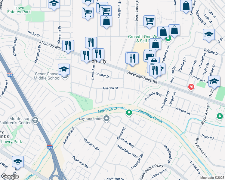 map of restaurants, bars, coffee shops, grocery stores, and more near 33233 Arizona Street in Union City