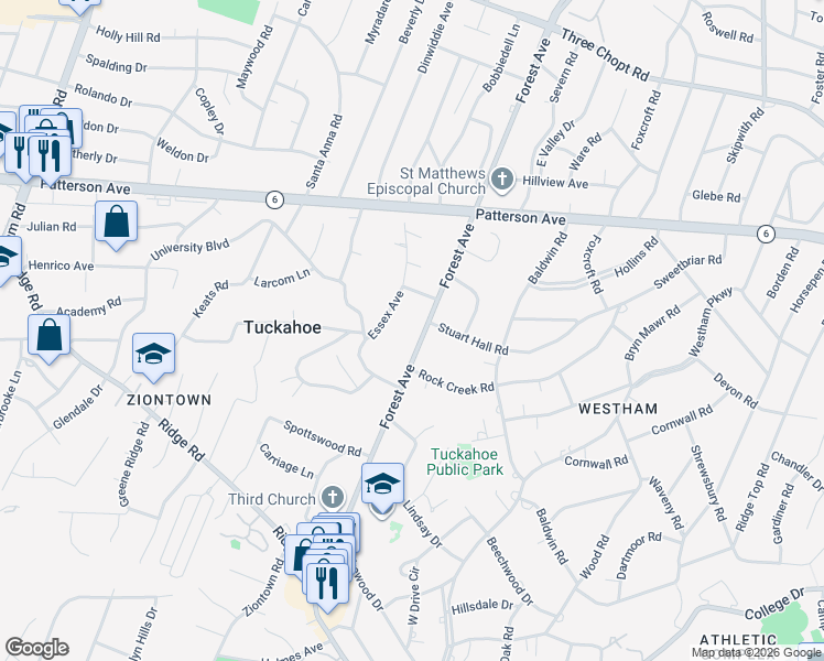 map of restaurants, bars, coffee shops, grocery stores, and more near 910 Forest Avenue in Richmond