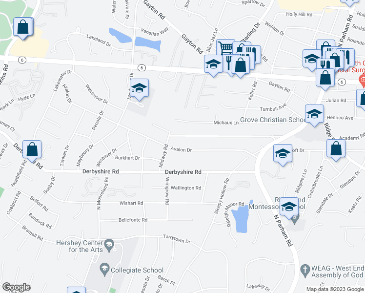 map of restaurants, bars, coffee shops, grocery stores, and more near 8906 Avalon Drive in Richmond