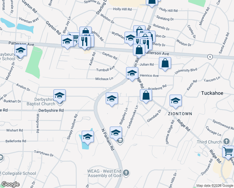 map of restaurants, bars, coffee shops, grocery stores, and more near 8626 Oakcroft Dr in Richmond