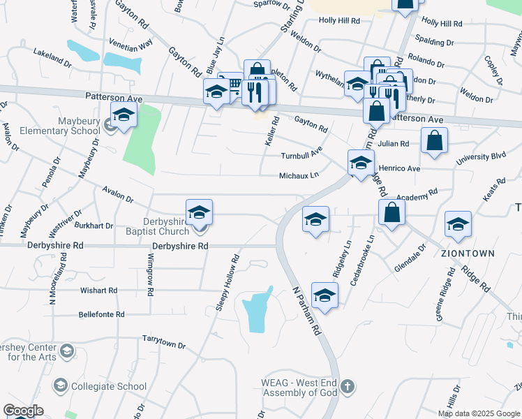 map of restaurants, bars, coffee shops, grocery stores, and more near 8706 Avalon Drive in Richmond