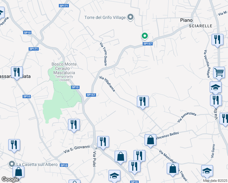 map of restaurants, bars, coffee shops, grocery stores, and more near 18 Via Villafranca in Mascalucia
