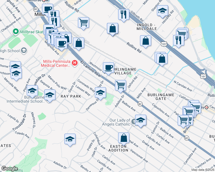 map of restaurants, bars, coffee shops, grocery stores, and more near 1550 Albemarle Way in Burlingame
