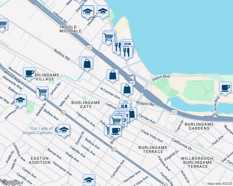 map of restaurants, bars, coffee shops, grocery stores, and more near 1331 Rollins Rd in Burlingame
