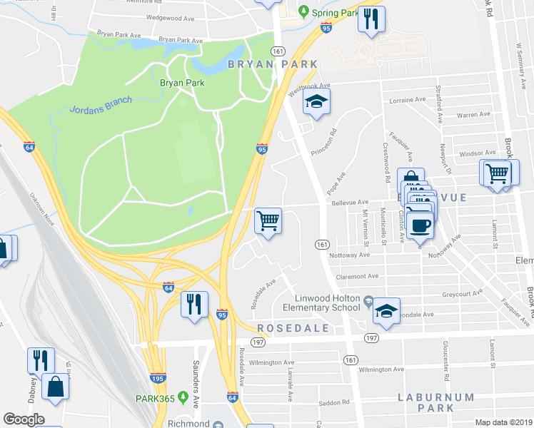 map of restaurants, bars, coffee shops, grocery stores, and more near 1770 Bellevue Avenue in Richmond