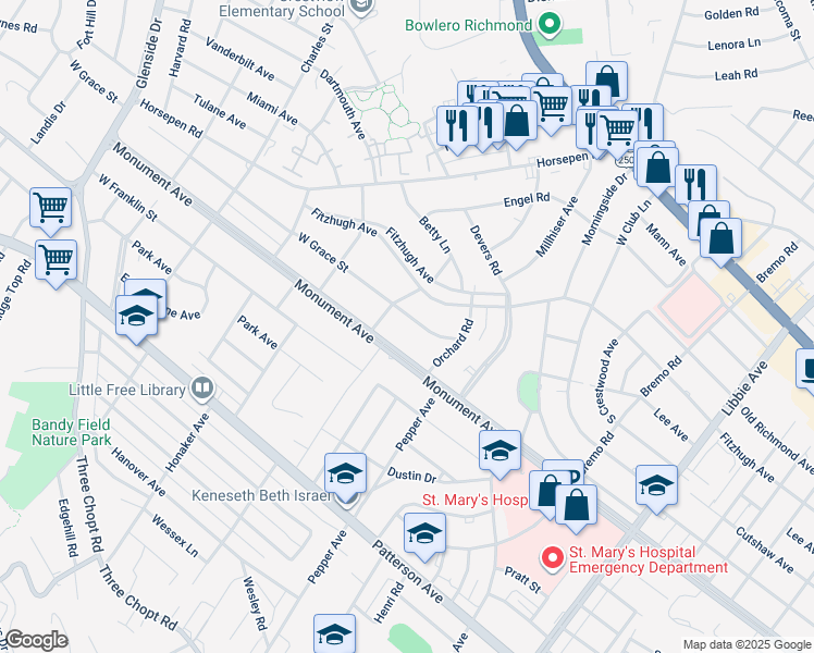 map of restaurants, bars, coffee shops, grocery stores, and more near 6419 West Grace Street in Richmond