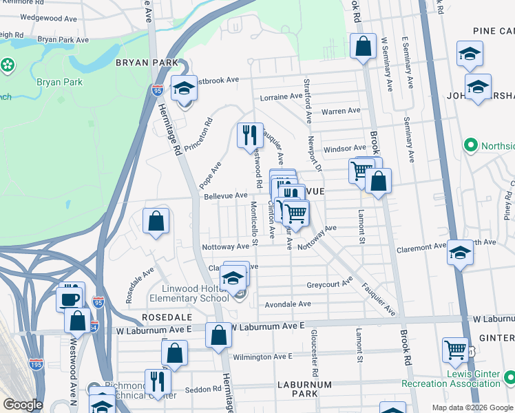 map of restaurants, bars, coffee shops, grocery stores, and more near 4031 Monticello Street in Richmond