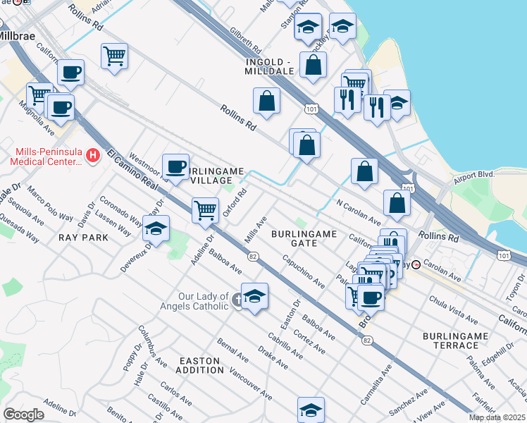 map of restaurants, bars, coffee shops, grocery stores, and more near 1212 Mills Avenue in Burlingame