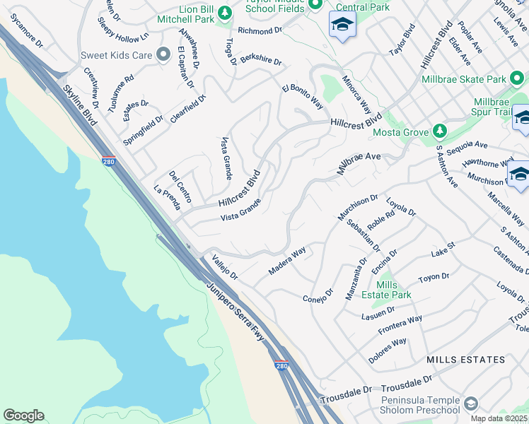 map of restaurants, bars, coffee shops, grocery stores, and more near 15 Mullins Court in Millbrae