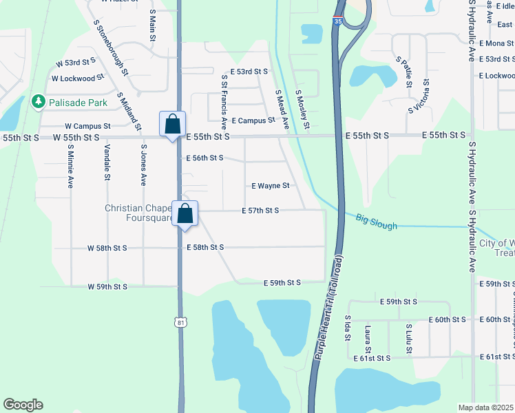 map of restaurants, bars, coffee shops, grocery stores, and more near 624 East 57th Street South in Wichita