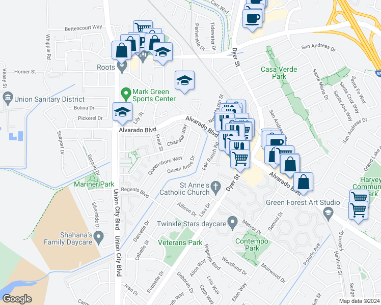 map of restaurants, bars, coffee shops, grocery stores, and more near 4238 Queen Anne Drive in Union City
