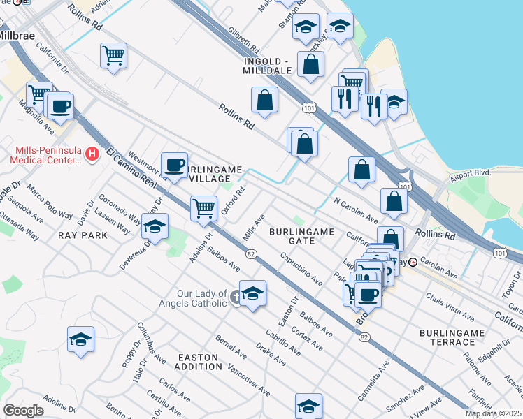 map of restaurants, bars, coffee shops, grocery stores, and more near 1212 Mills Avenue in Burlingame