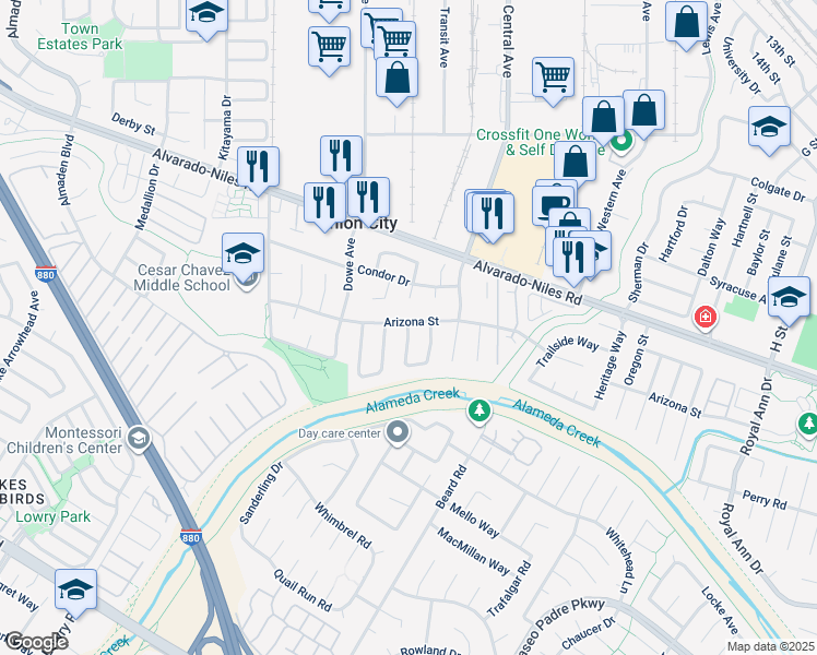 map of restaurants, bars, coffee shops, grocery stores, and more near 33233 Arizona Street in Union City