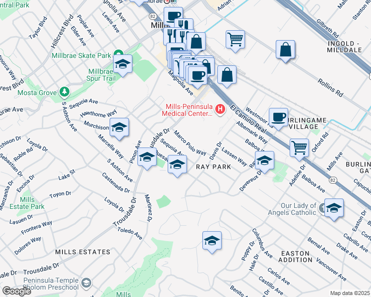 map of restaurants, bars, coffee shops, grocery stores, and more near 1735 Marco Polo Way in Burlingame