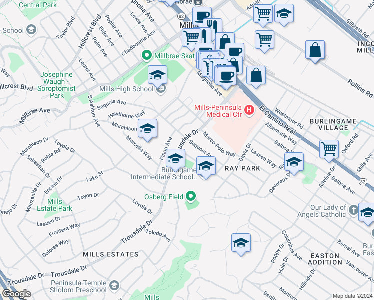 map of restaurants, bars, coffee shops, grocery stores, and more near 1766 Quesada Way in Burlingame