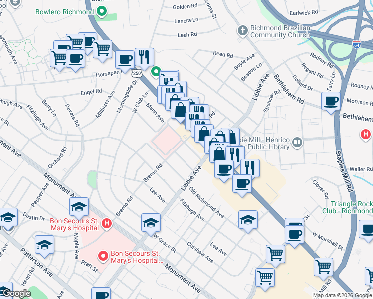 map of restaurants, bars, coffee shops, grocery stores, and more near 5810 Pollard Drive in Richmond
