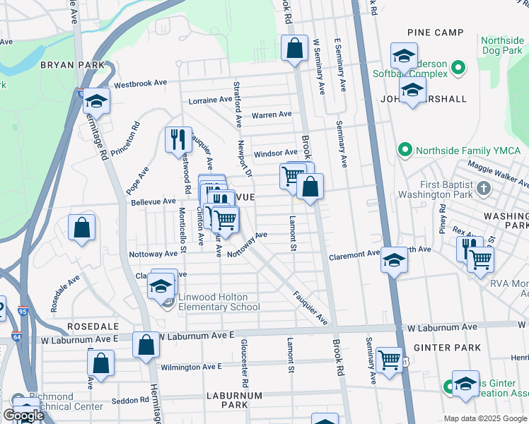 map of restaurants, bars, coffee shops, grocery stores, and more near 1322 Amherst Ave in Richmond