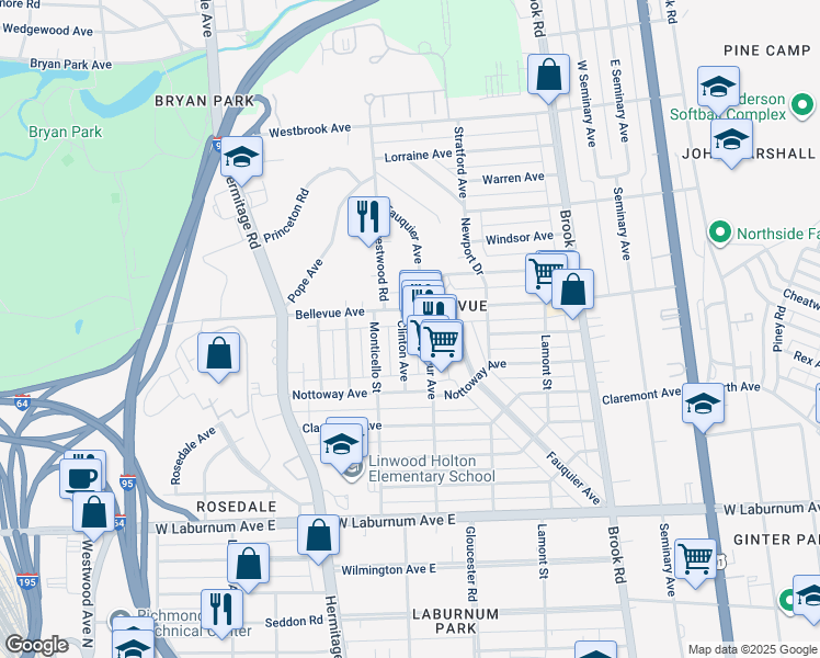 map of restaurants, bars, coffee shops, grocery stores, and more near 4031 Clinton Avenue in Richmond