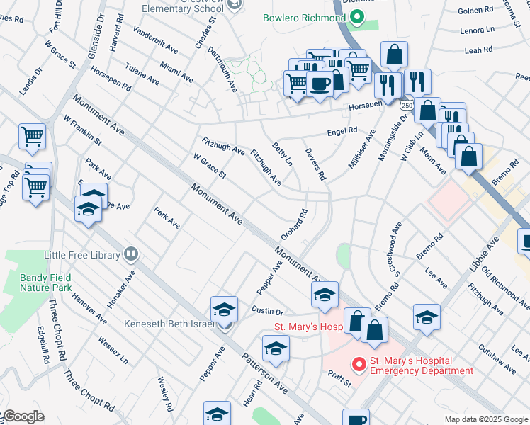 map of restaurants, bars, coffee shops, grocery stores, and more near 6419 West Grace Street in Richmond