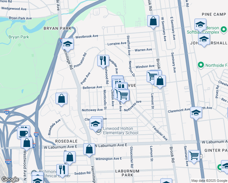 map of restaurants, bars, coffee shops, grocery stores, and more near 4031 Clinton Avenue in Richmond