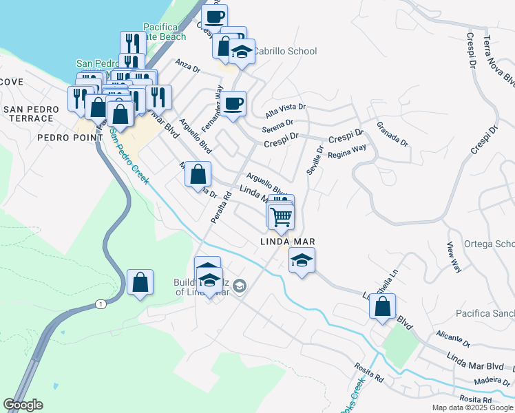 map of restaurants, bars, coffee shops, grocery stores, and more near 843 Montezuma Drive in Pacifica