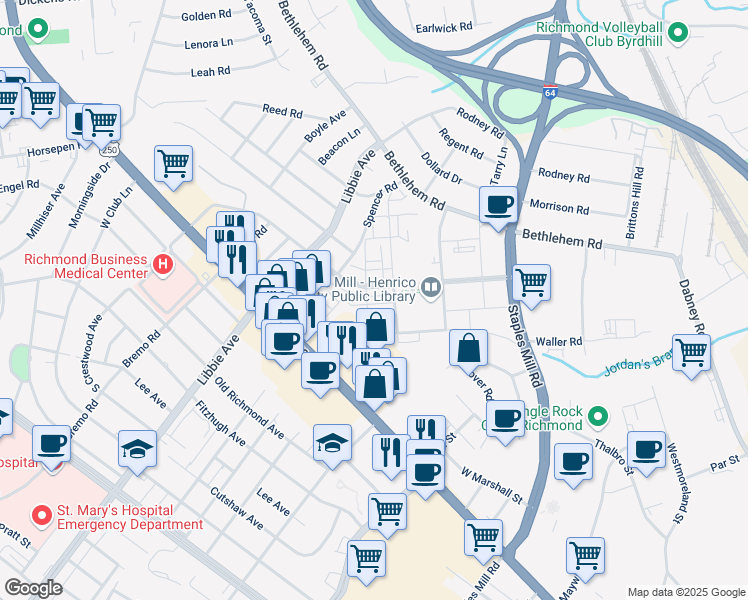 map of restaurants, bars, coffee shops, grocery stores, and more near 5310 Masons Lane in Richmond