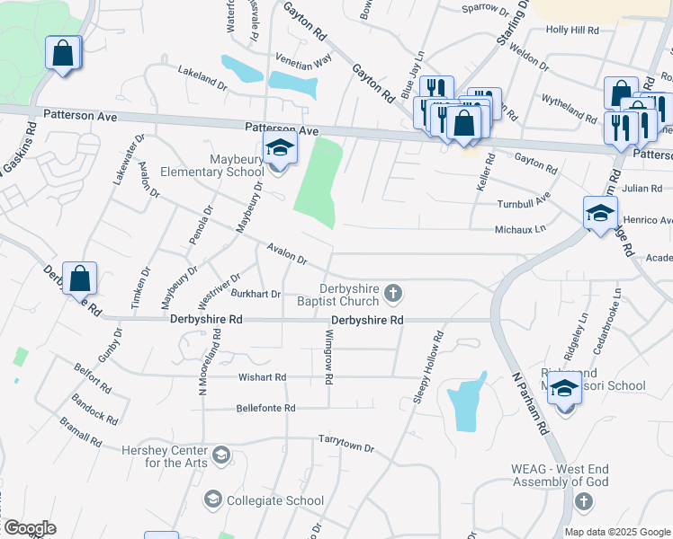 map of restaurants, bars, coffee shops, grocery stores, and more near 8912 Avalon Drive in Richmond