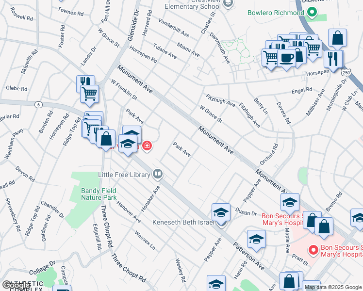 map of restaurants, bars, coffee shops, grocery stores, and more near 6610 Park Avenue in Richmond