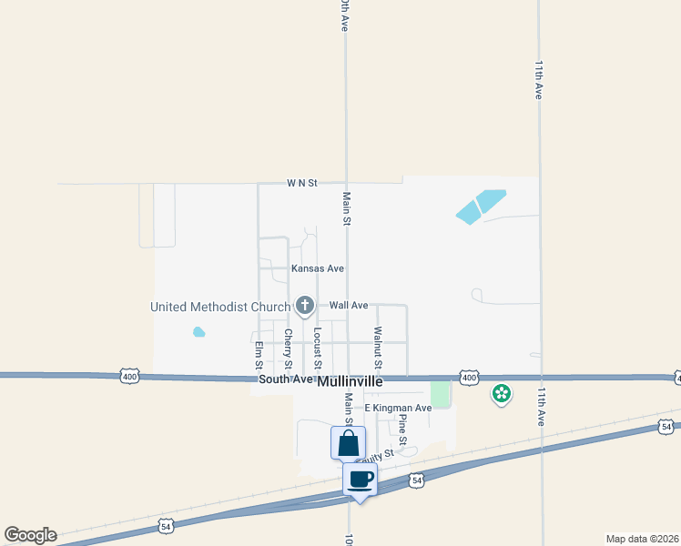 map of restaurants, bars, coffee shops, grocery stores, and more near 320 Main Street in Mullinville