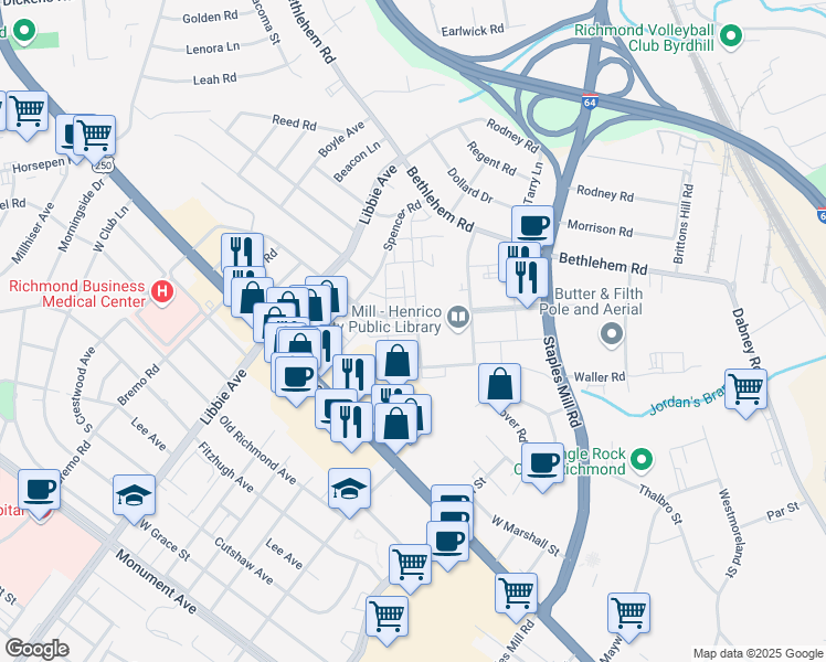 map of restaurants, bars, coffee shops, grocery stores, and more near 5313 Masons Lane in Richmond