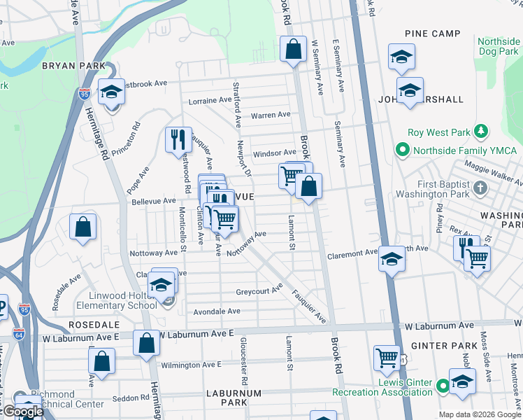 map of restaurants, bars, coffee shops, grocery stores, and more near 1324 Amherst Avenue in Richmond