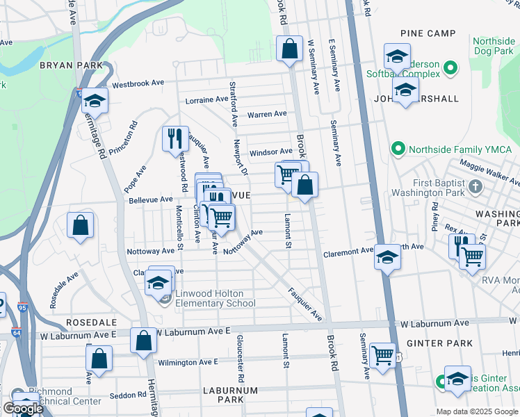map of restaurants, bars, coffee shops, grocery stores, and more near 1322 Amherst Ave in Richmond