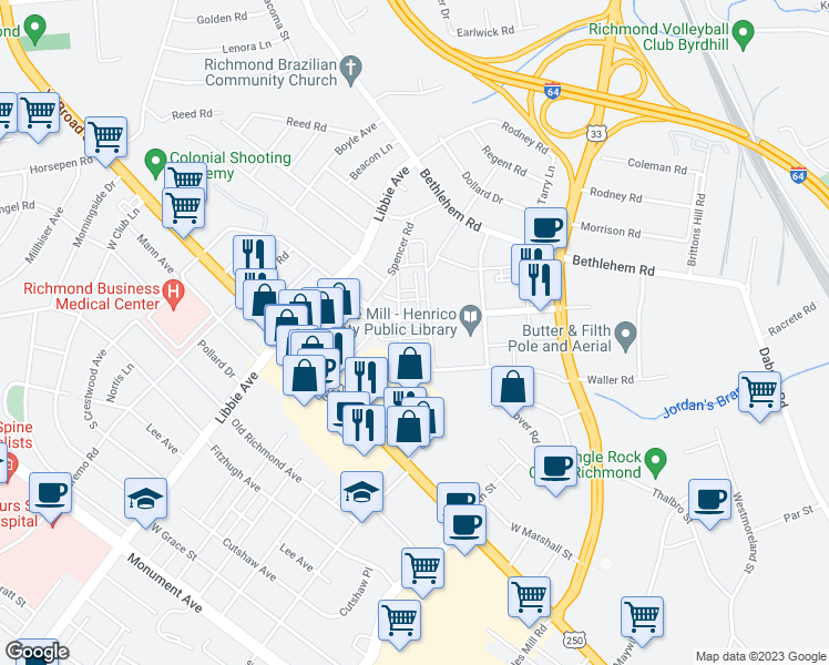 map of restaurants, bars, coffee shops, grocery stores, and more near 5302 Masons Lane in Richmond