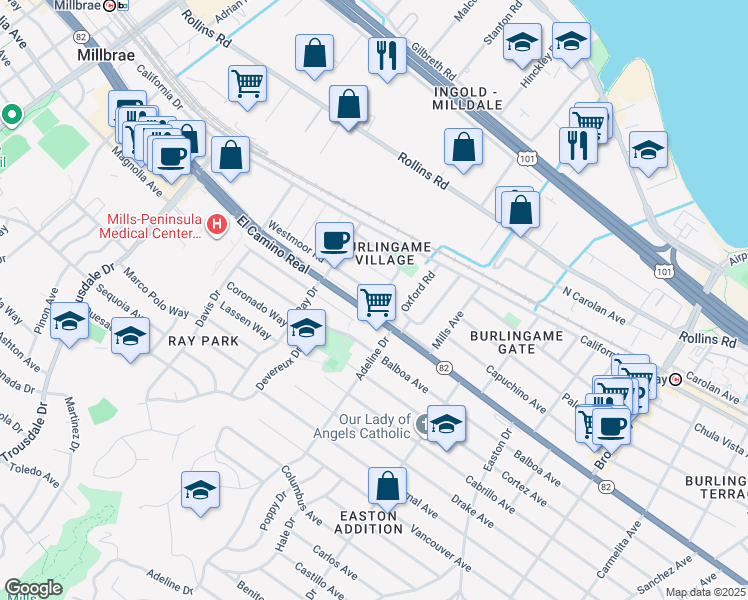 map of restaurants, bars, coffee shops, grocery stores, and more near 1155 Eastmoor Road in Burlingame