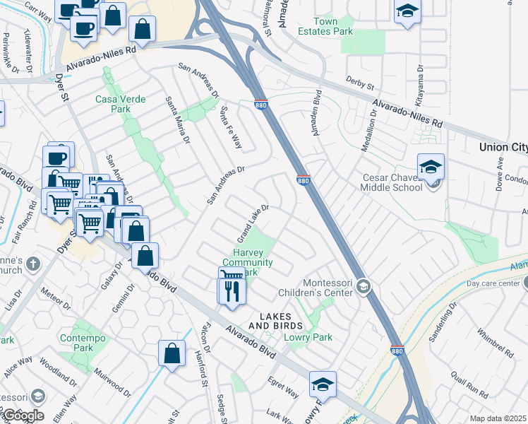 map of restaurants, bars, coffee shops, grocery stores, and more near 3280 Grand Lake Drive in Fremont
