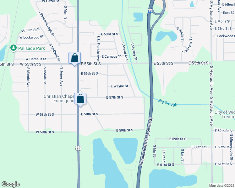 map of restaurants, bars, coffee shops, grocery stores, and more near 624-632 East 57th Street South in Wichita