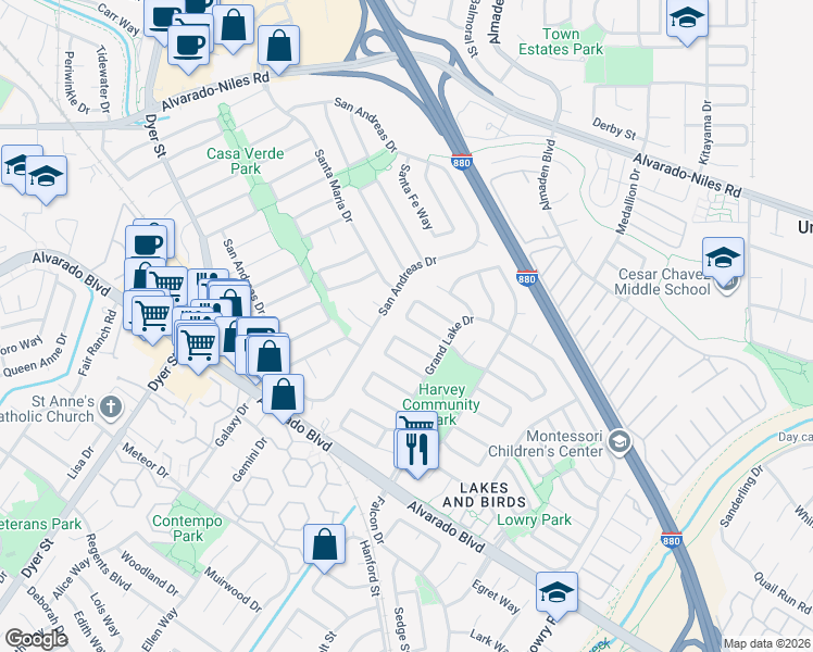 map of restaurants, bars, coffee shops, grocery stores, and more near 32478 Lake Chabot Street in Fremont