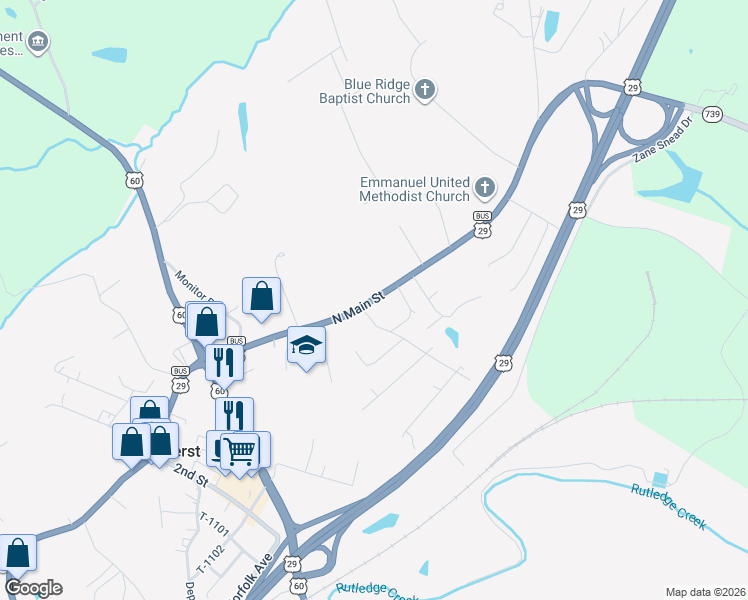 map of restaurants, bars, coffee shops, grocery stores, and more near 396 North Main Street in Amherst