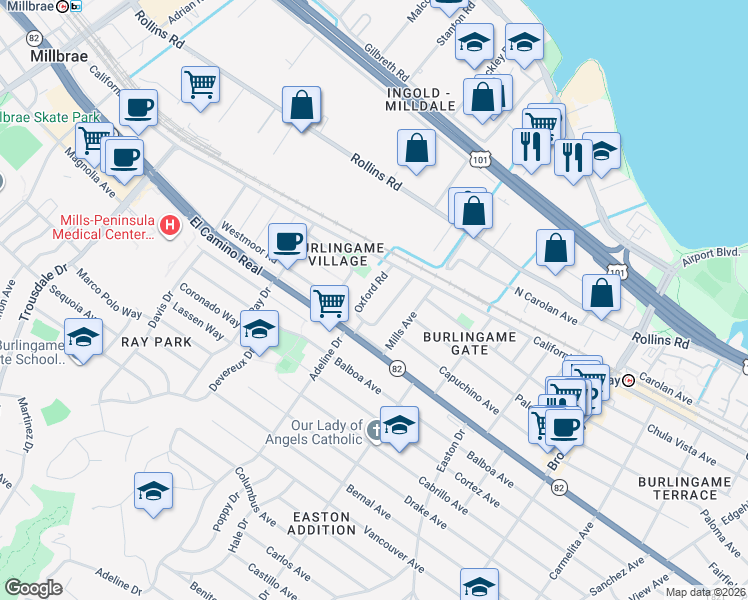 map of restaurants, bars, coffee shops, grocery stores, and more near 1131 Oxford Road in Burlingame
