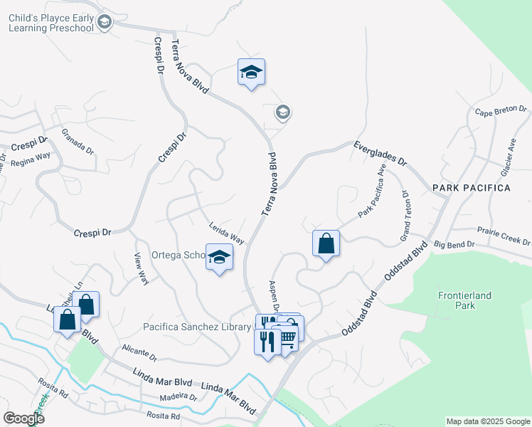 map of restaurants, bars, coffee shops, grocery stores, and more near 1402 Terra Nova Boulevard in Pacifica