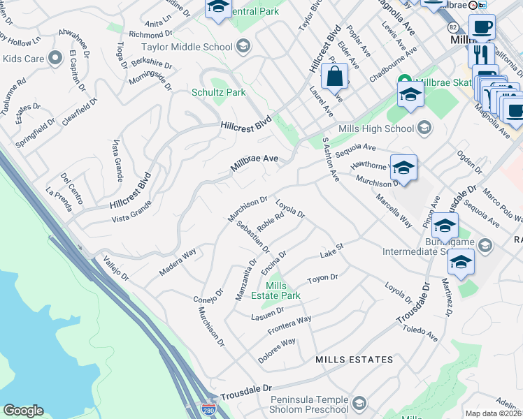 map of restaurants, bars, coffee shops, grocery stores, and more near 1250 Roble Road in Millbrae